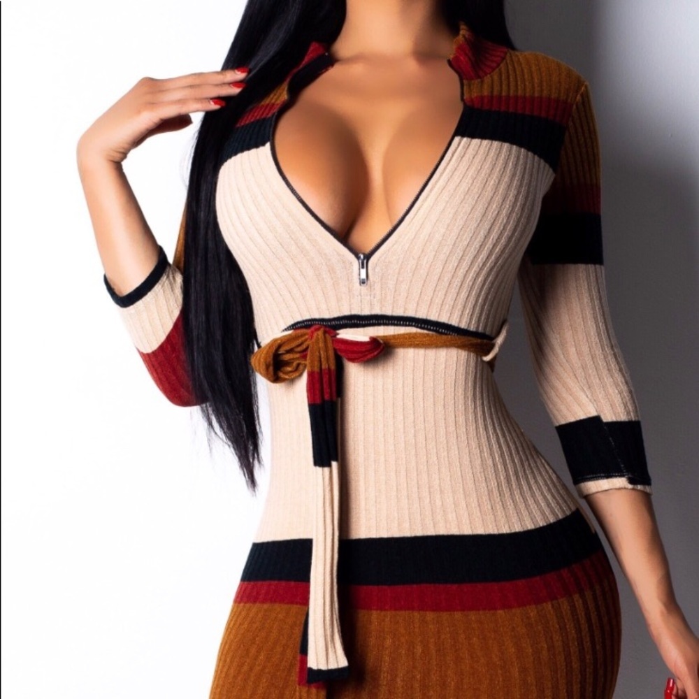 Striped sweater midi dress with waste tie belt